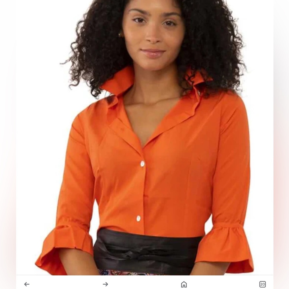 Gretchen Scott NWT Med. orange Blouse 3/4 Sleeves Semi Fitted Ruffled Cu…